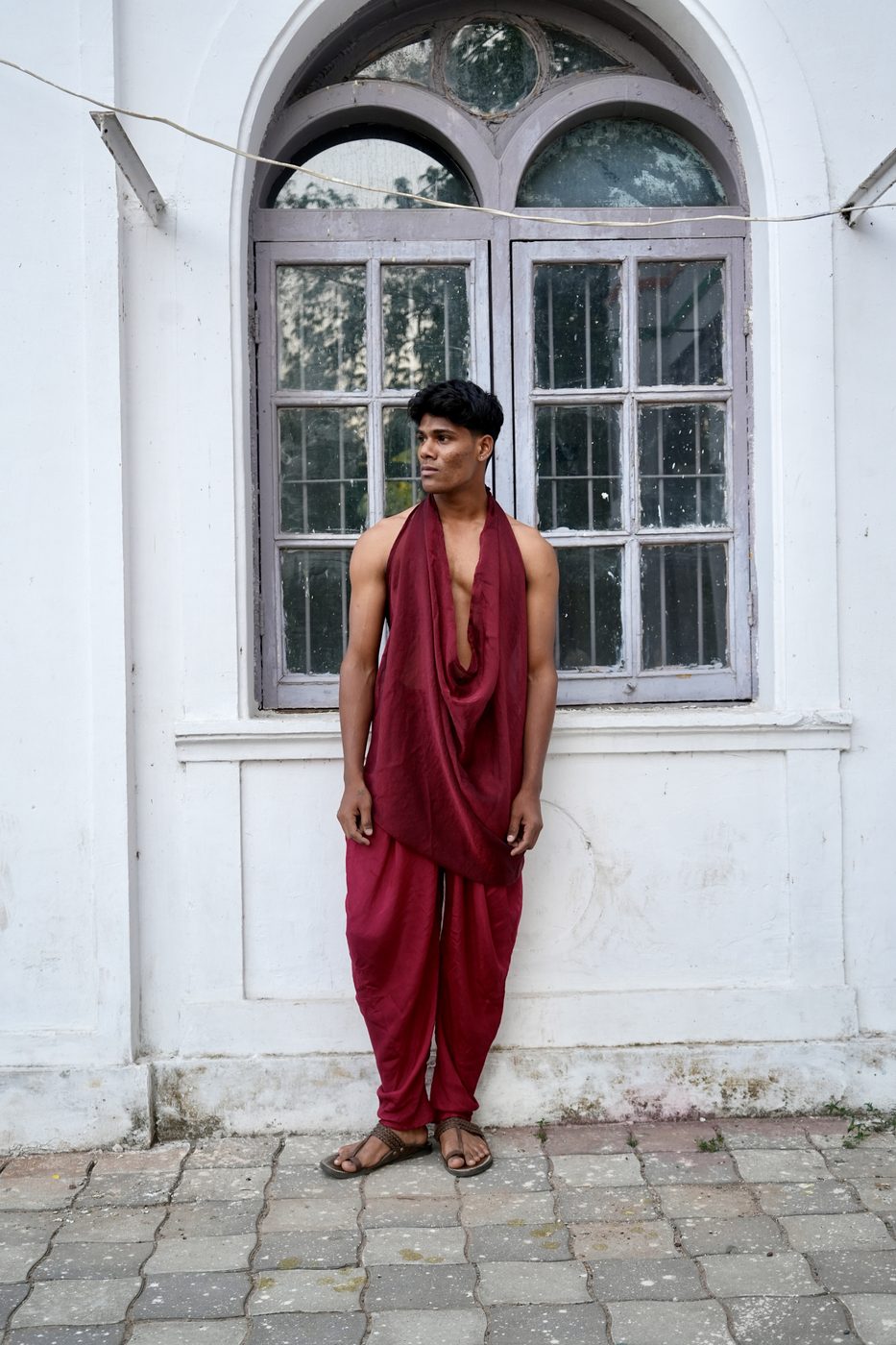 Full body look — crimson draped garment