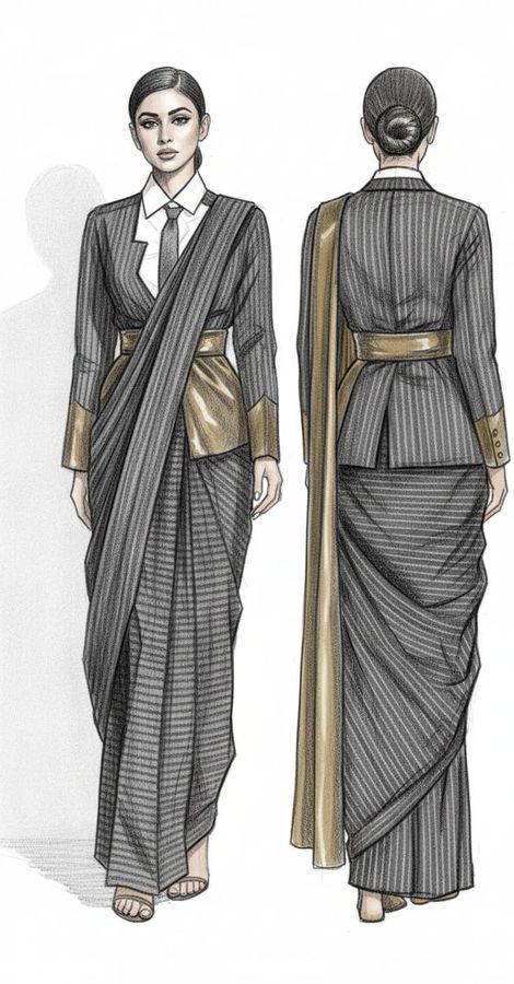 Fashion illustration — pinstripe power suit with draped saree and gold obi belt